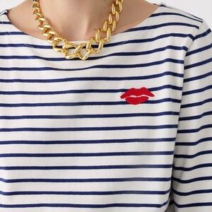 J. Crew Striped Top with Red Lip Embroidery Size Large